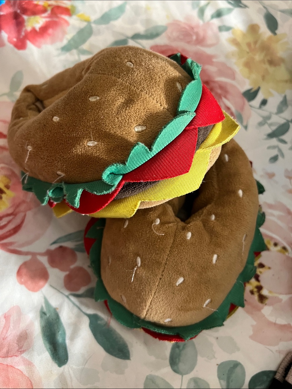 Plush slippers  Hamburger Stack for Kids - Brown with Red, Green & Yellow Detail